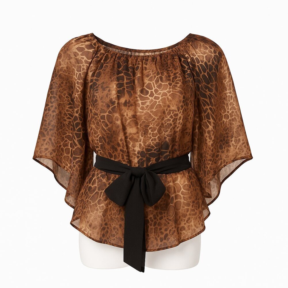 Lilly Lou Animal-Print Sheer Belted Boho Top • Size S • Effortless Chic Safari